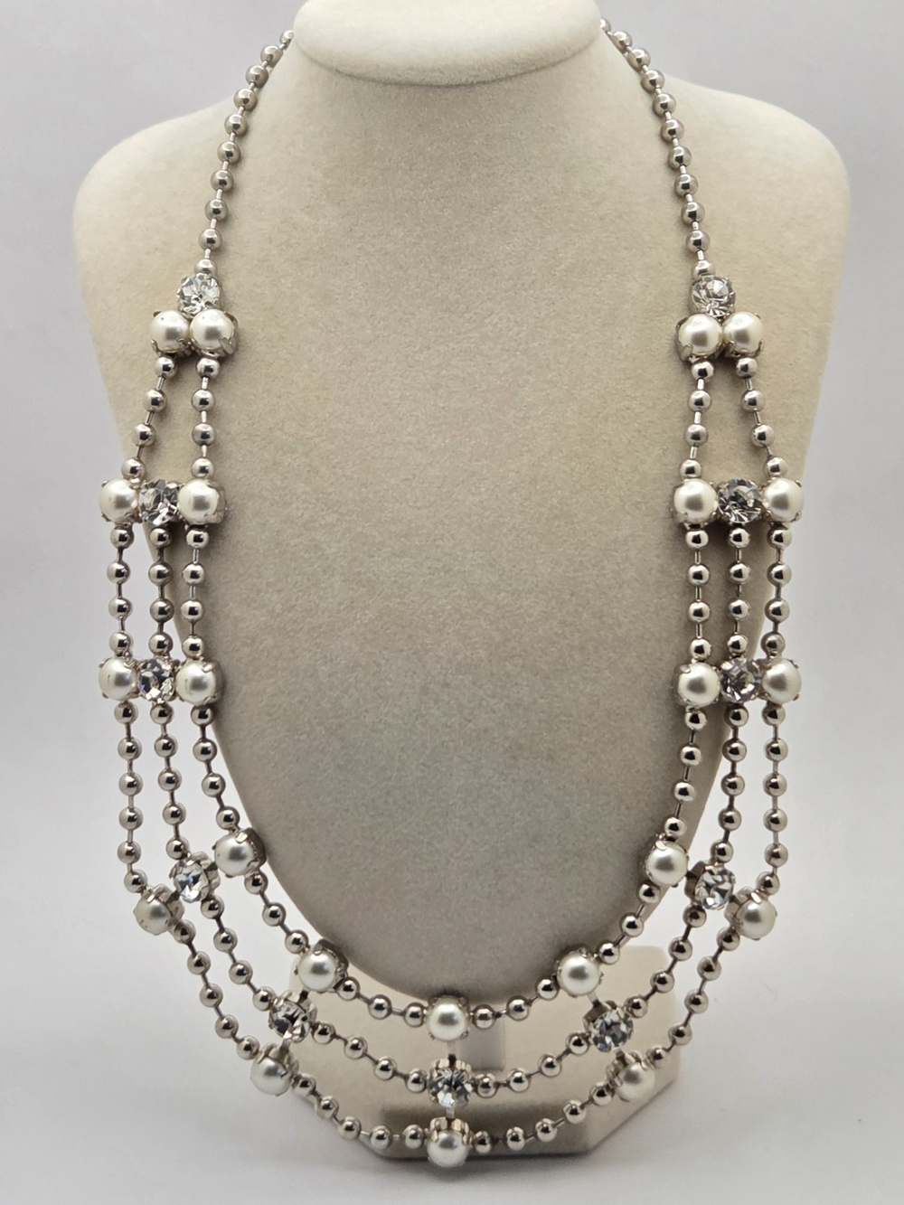 Banana Republic Faux Pearl Rhinestone Silver Ball Chain Bib Necklace